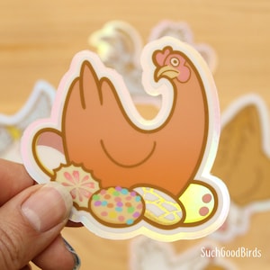 Hen with Cookie Nest 3&quot; Holographic Vinyl Sticker - Baking with Chickens - cute sticker, kawaii decal, bird stickers, gifts for bird lover