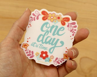One Day at a Time - 3" Vinyl Sticker - motivational inspiration sticker - floral sticker - blue pastel soft elegant aesthetic