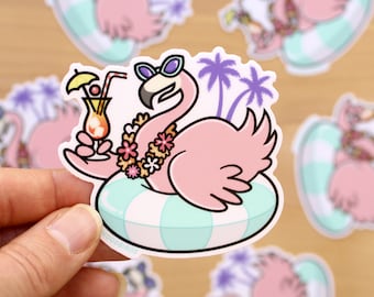 Party Flamingo 3" Vinyl Sticker - mingo sticker, pool party sticker, pink flamingo on inflatable pool ring, cocktail summer fun sunglasses