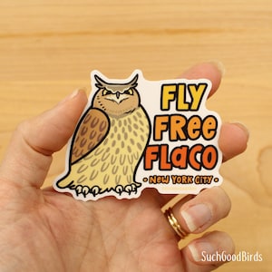 Flaco Fly Free - Adesivo de vinil de 3" - Beneficiando o Fundo para Aves Selvagens - Flaco comemorativo com coruja-águia eurasiana, Parque Central da Cidade de Nova York
