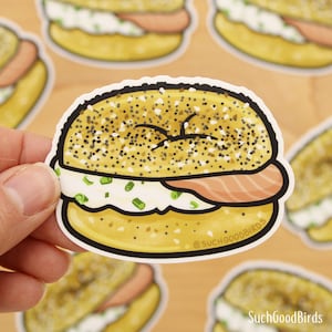 Sticker en vinyle Everything bagel with Lox 3" - avec fromage à la crème ciboulette et lox, sticker bagel NYC, sandwich bagel, sticker savoureux snacks de charcuterie