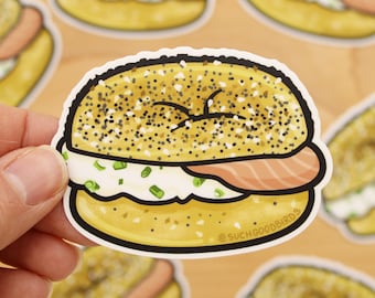 Everything Bagel with Lox 3" Vinyl Sticker - with chive cream cheese and lox, NYC bagel sticker, bagel sandwich, tasty deli snacks sticker