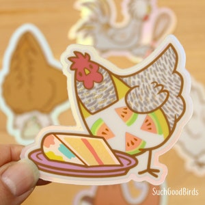 Hen with Apron and Cake 3" Holographic Vinyl Sticker - Baking with Chickens - cute sticker, kawaii stickers, bird stickers, gifts bird lover