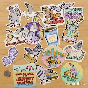 May include: A collection of colorful stickers featuring illustrations of pigeons and seagulls with various New York and New Jersey themed designs. The stickers include phrases like "Good Morning New Jersey", "Let's Get This Bread", "We Are Happy", "Jersey Shore", "Take Me Back to the Jersey Shore", and "New York".