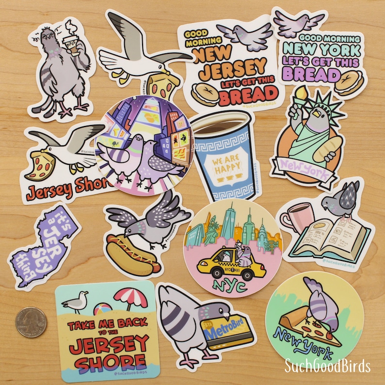 May include: A collection of colorful stickers featuring illustrations of pigeons and seagulls with various New York and New Jersey themed designs. The stickers include phrases like "Good Morning New Jersey", "Let's Get This Bread", "We Are Happy", "Jersey Shore", "Take Me Back to the Jersey Shore", and "New York".