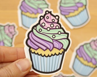 Tricolor Pastel Cupcake 3" Vinyl Sticker - cute cake sticker, sweet dessert, purple pink mint seafoam green frosting