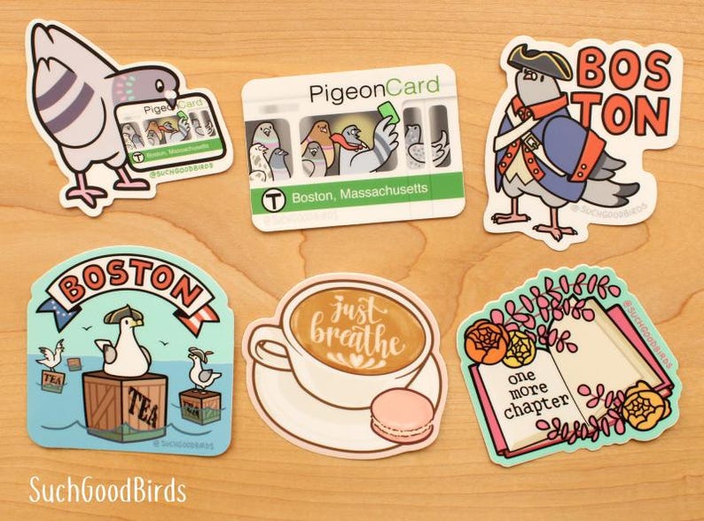 May include: A set of ten colorful stickers featuring illustrations of pigeons and other birds. The stickers include phrases like "Boston", "Just Breathe", and "One More Chapter".
