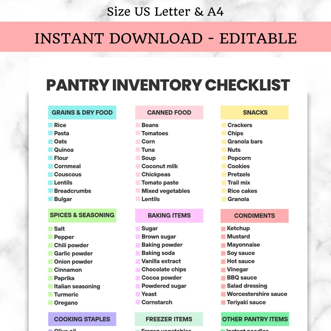 Pantry Inventory Checklist | Kitchen Pantry List | Instant Download ...