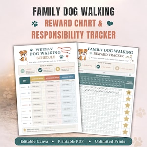 Planificador de paseos para perros en familia y tabla de recompensas (Canva editable, PDF imprimible)
