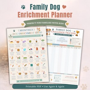 Peut inclure: Un ensemble de planificateurs d'enrichissement pour chien au format PDF imprimable comprenant une grille d'idées mensuelles avec trente icônes d'activités et un suivi de défis familiaux avec des colonnes pour les objectifs et les récompenses.