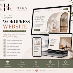May include: A digital marketing graphic for Hiba Web Studio featuring a desktop monitor, a laptop, and a smartphone displaying website designs. The text includes Custom WordPress Website Design & Development and lists service features.