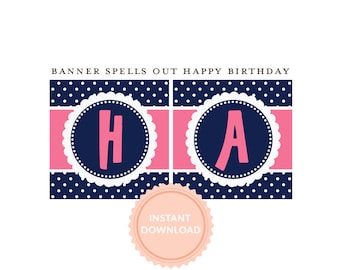 INSTANT DOWNLOAD, Happy Birthday BANNER, Pink and Navy, Pancakes and Pajamas, Polka Dots, Printable Banner