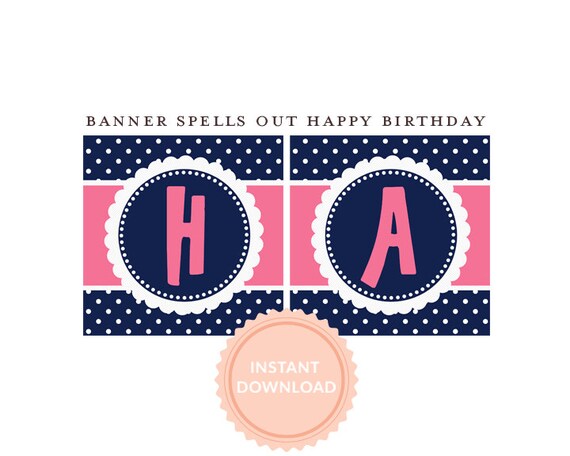 INSTANT DOWNLOAD, Happy Birthday BANNER, Pink and Navy, Pancakes and Pajamas, Polka Dots, Printable Banner Il_570xn