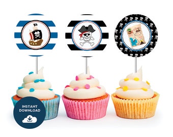 INSTANT DOWNLOAD Pirate Party Cupcake Toppers (Pirate theme, Pirates and Princesses, Boy Party, Captain Hook, Printable Cupcake Toppers)