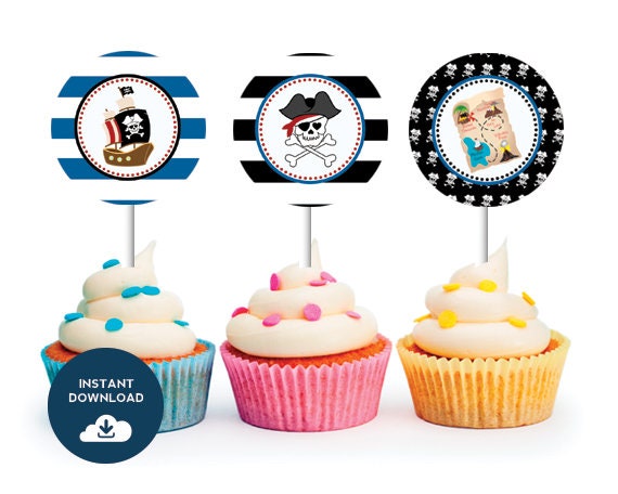 INSTANT DOWNLOAD Pirate Party Cupcake Toppers (Pirate theme, Pirates and Princesses, Boy Party, Captain Hook, Printable Cupcake Toppers) Il_570xn