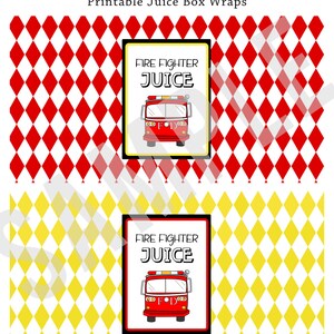 INSTANT DOWNLOAD, Fire truck Birthday, Printable Juice Box Wraps Firetruck theme image 2