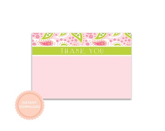 INSTANT DOWNLOAD, Pink Paisley and Green, Printable Thank You Note