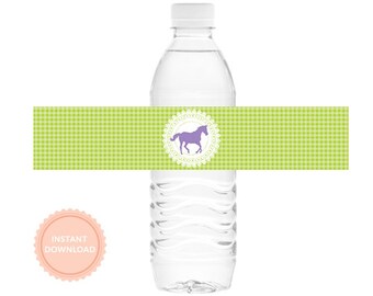 INSTANT DOWNLOAD Pony Water Bottle Labels (Shabby Chic Pony Water Bottle Wraps, Horse Party Drink Labels, Barnyard Birthday, pink gingham)