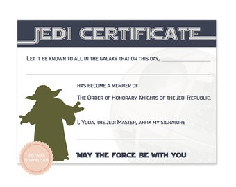 INSTANT DOWNLOAD Star Wars Jedi Certificate (Yoda, Star Wars Birthday, Jedi Award Cerificate)