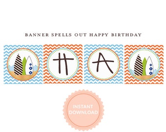 INSTANT DOWNLOAD, Chevron Surfer Collection: Printable Happy Birthday Banner, Blue and Orange Chevron Banner