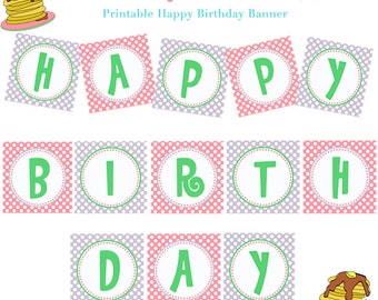 INSTANT DOWNLOAD, PANCAKES & Pajamas Birthday Party - Purple/Pink (Printable Banner, Party Decoration )