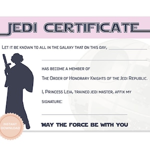 INSTANT DOWNLOAD Star Wars Jedi Certificate (Princess Leia, Star Wars Birthday, Jedi, Darth Vader)
