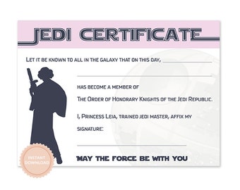 INSTANT DOWNLOAD Star Wars Jedi Certificate (Princess Leia, Star Wars Birthday, Jedi, Darth Vader)