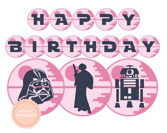 INSTANT DOWNLOAD Star Wars Girls Happy Birthday Banner (Star Wars party, Princess Leia, Yoda, Pink, Printable Happy Birthday Banner)