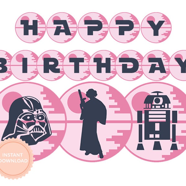 INSTANT DOWNLOAD Star Wars Girls Happy Birthday Banner (Star Wars party, Princess Leia, Yoda, Pink, Printable Happy Birthday Banner)