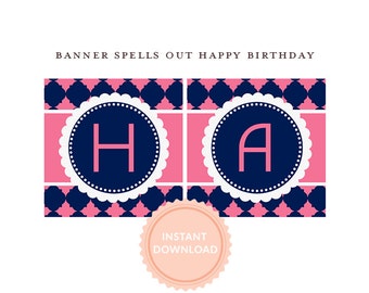 INSTANT DOWNLOAD, Happy Birthday BANNER, Pink and Navy Printable Banner