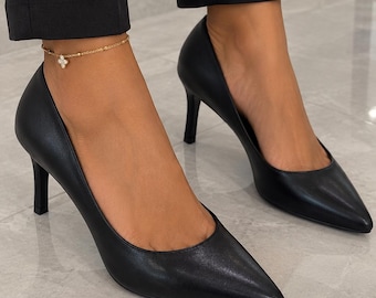 Marc Fisher Black Faux Leather Pointed Toe Kitten Heel Pumps