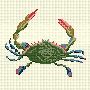 May include: A cross-stitch style image of a crab. The crab is rendered in a pixelated design, using shades of green, blue, red, and tan. The crab's body is a mosaic of dark green squares, with blue and red accents.