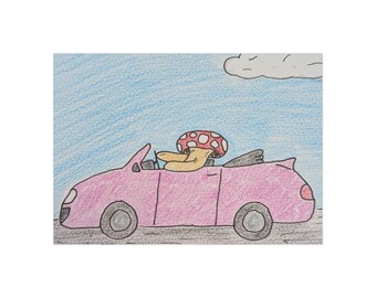 May include: A colourful drawing of a mushroom driving a pink convertible car. The mushroom has a red and white spotted cap. The background features a blue sky with a single cloud and a grey road.