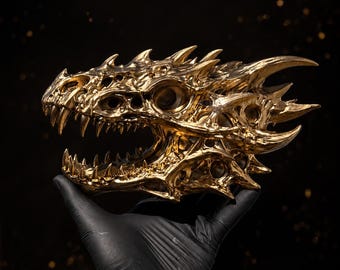 Gold Dragon Skull Replica | Gothic Fantasy Sculpture | Metallic Dragon Decor | One of a Kind Display