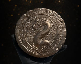 Gold Dragon Rune Display Plaque | Fantasy Talisman Decor | Medieval Desk Relic | Handmade Nordic Style Disc