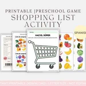 May include: Printable preschool shopping list activity featuring illustrations of groceries and a shopping cart. Text includes "Shopping List Activity" and "Haz el Súper". The game is designed for preschool children.