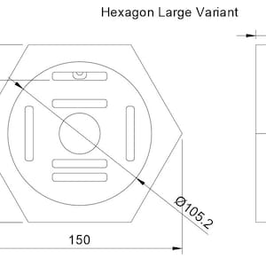 Pu&ograve; includere: Disegno tecnico di un oggetto esagonale, etichettato "Hexagon Large Variant". Dimensioni: 150 mm di larghezza, 130 mm di altezza e 12,5 mm di spessore. Il design centrale presenta un cerchio e ritagli rettangolari.