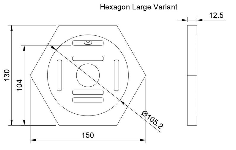 Pu&ograve; includere: Disegno tecnico di un oggetto esagonale, etichettato "Hexagon Large Variant". Dimensioni: 150 mm di larghezza, 130 mm di altezza e 12,5 mm di spessore. Il design centrale presenta un cerchio e ritagli rettangolari.