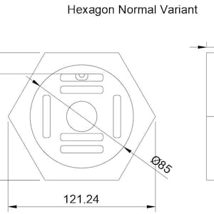 Pu&ograve; includere: Disegno tecnico di un oggetto esagonale con dimensioni. L'oggetto &egrave; largo 121,24 mm, alto 105 mm e spesso 12,5 mm. Il cerchio interno ha un diametro di 85 mm. Il testo "Hexagon Normal Variant" &egrave; in alto.