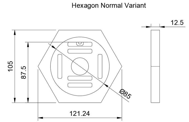 Pu&ograve; includere: Disegno tecnico di un oggetto esagonale con dimensioni. L'oggetto &egrave; largo 121,24 mm, alto 105 mm e spesso 12,5 mm. Il cerchio interno ha un diametro di 85 mm. Il testo "Hexagon Normal Variant" &egrave; in alto.