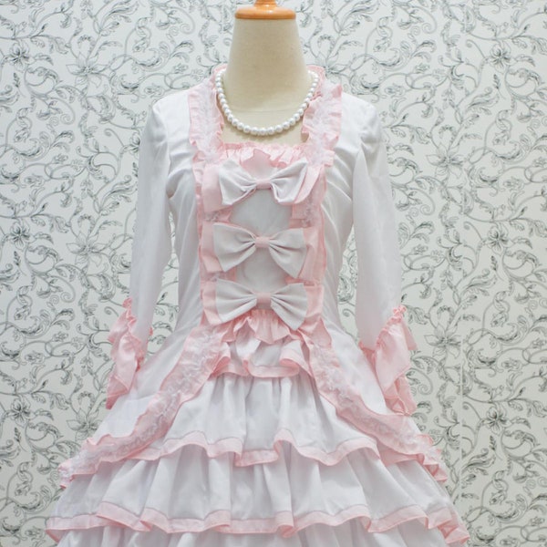 Princess Lolita Dress Ribbon Wedding Dress, White and Pink Classic Lolita Inspired Dress, Long Sleeve Classic Lolita With Ruffle Skirt