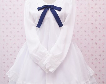 Vintage White Chiffon Dress with Lace and Navy Ribbon