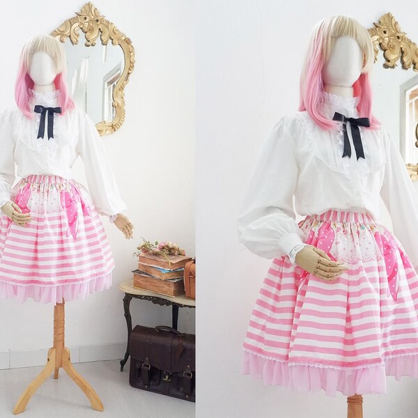 Pink Stripe Fabric Lolita Skirt, Lollipop Pink Skirt, Chiffon Ruffle Edge And Laces Skirt, Pink Mushroom Skirt, Kawaii Pink Lolita Fashion