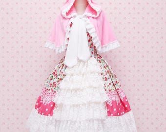 Vestido rosa floral estilo Lolita con capa, atuendo kawaii de cuento de hadas, moda Lolita japonesa hecha a mano.