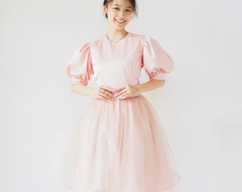 Pink Balloon Sleeves Maxi Dress, Modest Dress With Tulle Layered Skirt