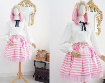 Pink Stripe Fabric Lolita Skirt, Lollipop Pink Skirt, Chiffon Ruffle Edge And Laces Skirt, Pink Mushroom Skirt, Kawaii Pink Lolita Fashion