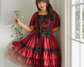 Isabella Maroon & Black Gothic Lolita Dress, Red Victorian Steampunk Dress