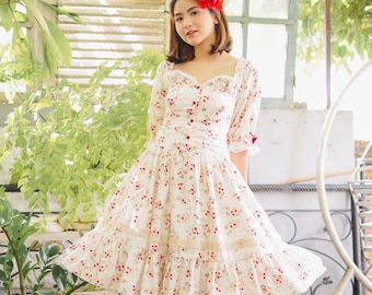 Classic Rose Print Cottagecore Dress, Sweetheart Neckline Red Rose Fabric Dress, Summer Dress Women, Rose Print Midi Sundress