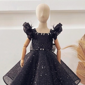 Black Sequin Tulle Girls Dress, Kids Formal Party Dress, Toddler Flower Girl Dress, Elegant High Low Birthday Dress