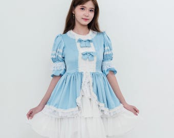 Kawaii Blue Princess Mini Dress with Lace & Bows, Pastel Doll Princess Outfit